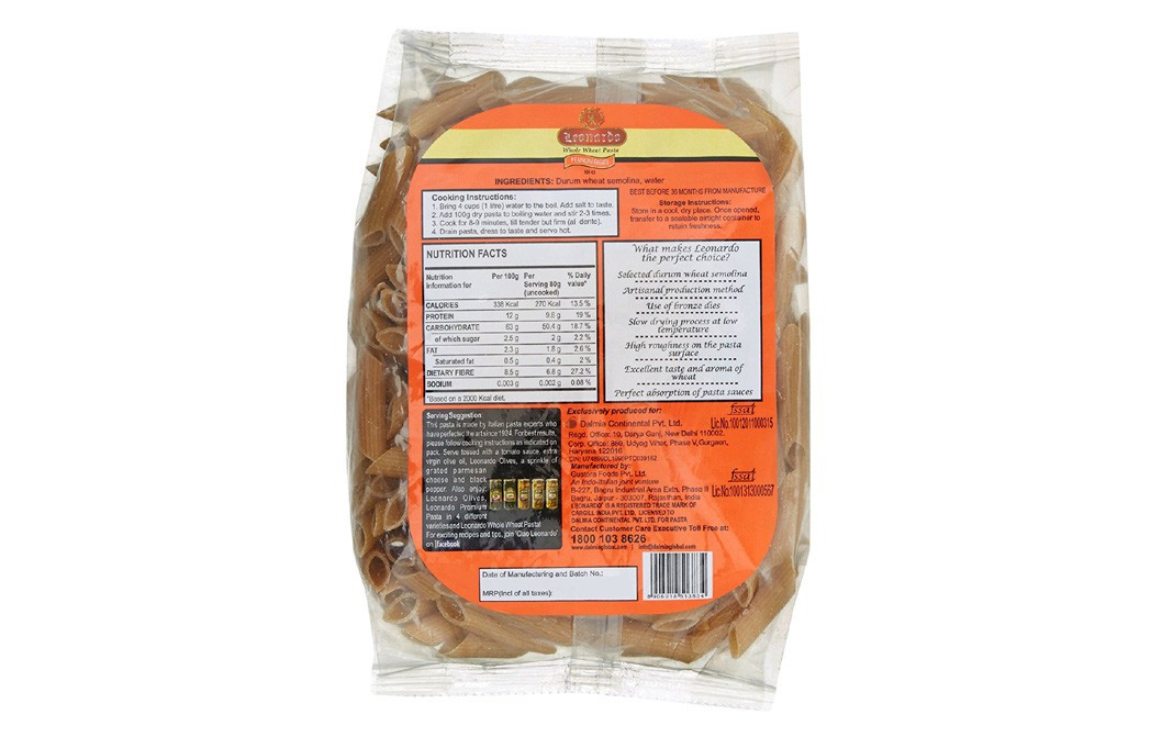 Leonardo Whole Wheat Pasta Pennoni Rigati   Pack  500 grams